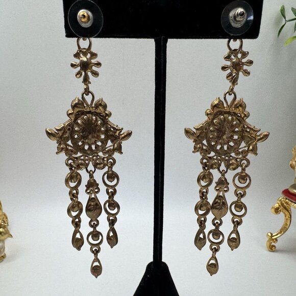 Gorgeous Vintage Dangle Earrings Peridot Rhinestone Pierced Chandelier 4" Long - Picture 4 of 9